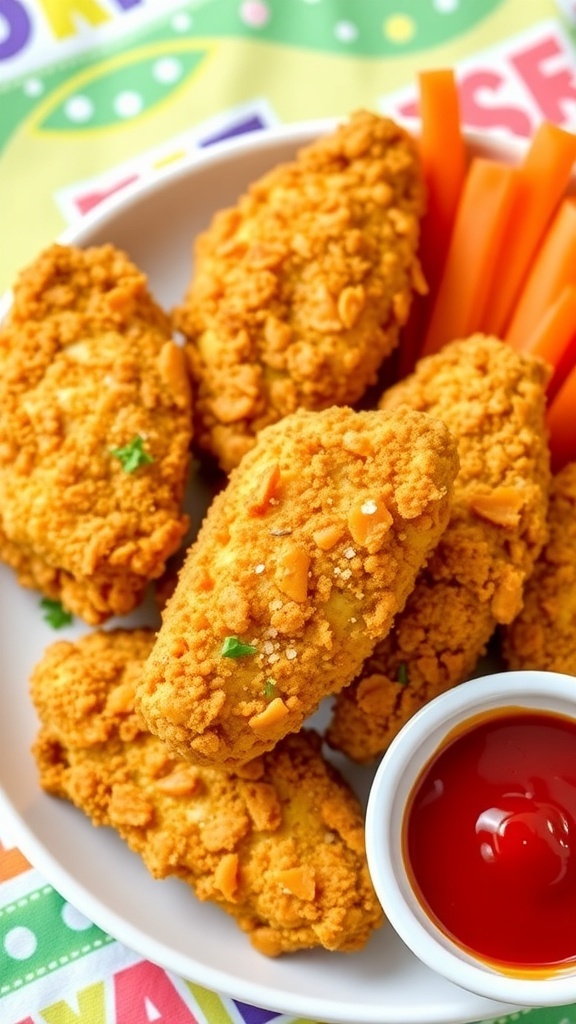 Crispy air fryer chicken tenders on a plate with ketchup and carrot sticks.